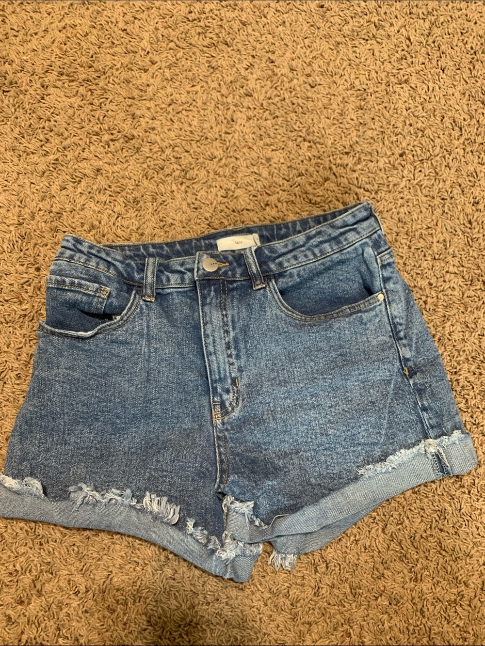 Frayed Hem High-Rise Denim Shorts in Blue